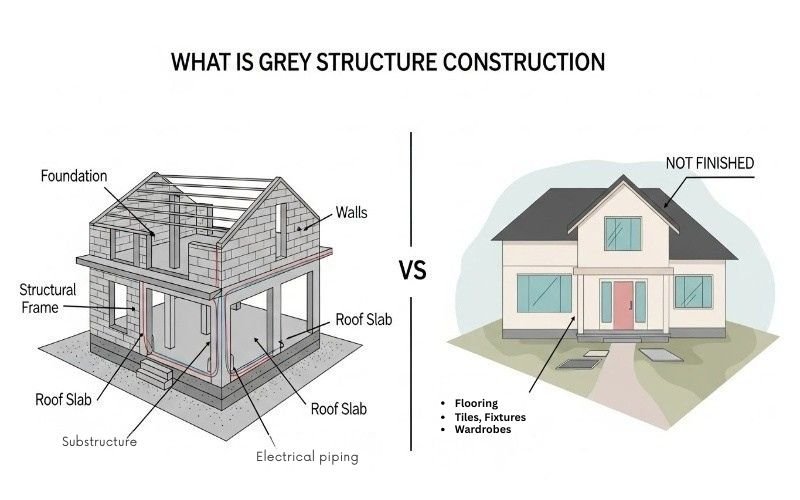 Grey structure construction in Islamabad diagram showing foundation, walls, roof slab, structural frame, and unfinished house comparison.