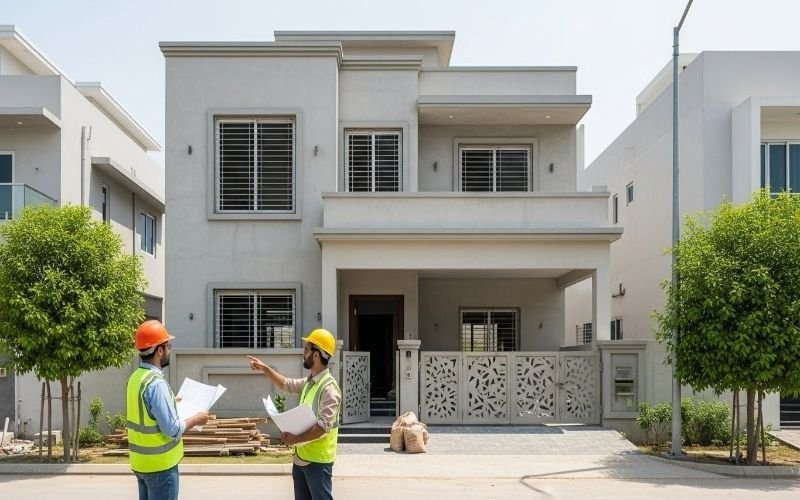 Two construction engineers discussing plans in front of a modern house under construction in Bahria Town Islamabad.