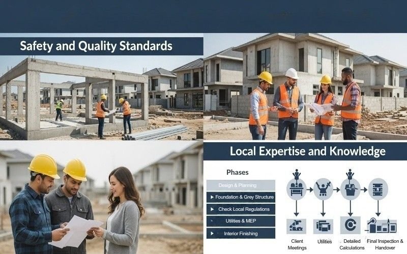 Construction professionals reviewing plans at a housing site, highlighting safety standards and expert house construction in Islamabad.