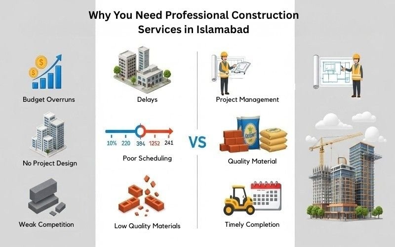 Comparison infographic explaining why professional construction services in Islamabad are important, showing issues like delays, budget overruns, and poor quality versus timely and well-managed construction.
