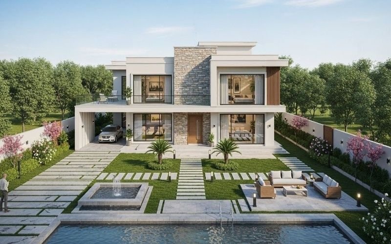 Modern luxury farmhouse exterior with landscaped lawn, reflecting premium farmhouse construction services in Islamabad, Pakistan and contemporary architectural design.
