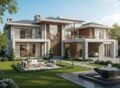 Modern luxury farmhouse design showcasing premium farmhouse construction services in Islamabad, Pakistan, featuring a double-story structure, landscaped garden, and contemporary exterior architecture.