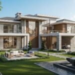 Modern luxury farmhouse design showcasing premium farmhouse construction services in Islamabad, Pakistan, featuring a double-story structure, landscaped garden, and contemporary exterior architecture.