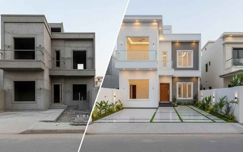 Before and after view of a house showing grey structure and finished home in the new home building process.