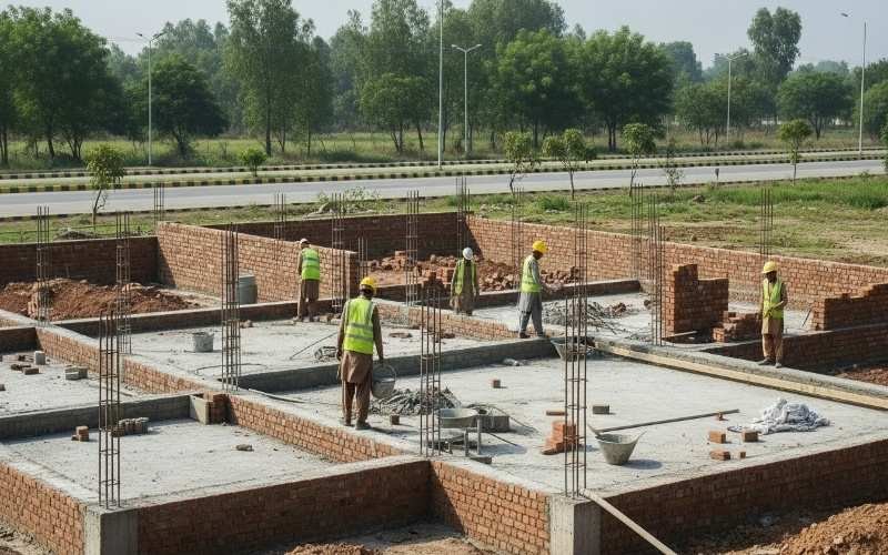 Construction workers laying foundation and brickwork during the new home building process at an early residential construction stage.