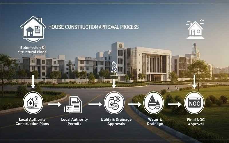 House construction approval steps showing permits and NOC stages in the new home building process.