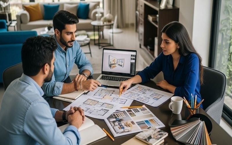 Professional interior designers discussing modern home layout plans, representing the Best Interior Design Company in Islamabad