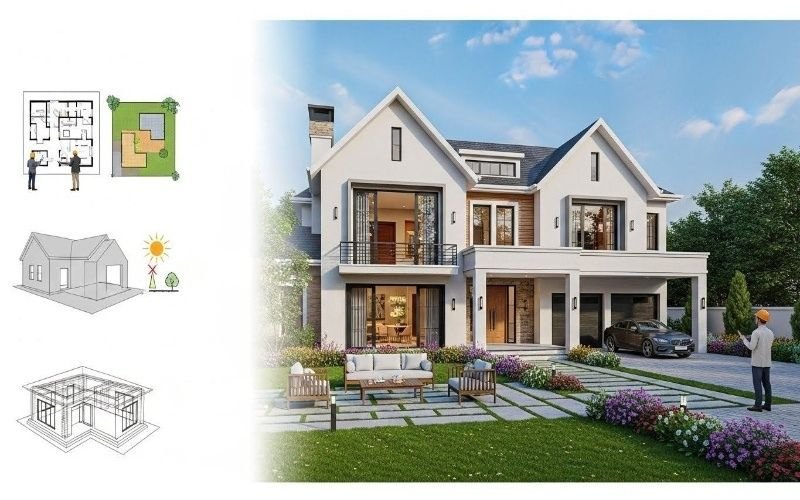 Modern double-story farmhouse design with architectural drawings, showcasing professional farmhouse construction services in Islamabad, Pakistan and contemporary exterior planning.