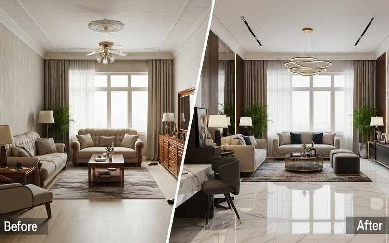 Before and after living room interior renovation showcasing modern design work by the Best Interior Design Company in Islamabad