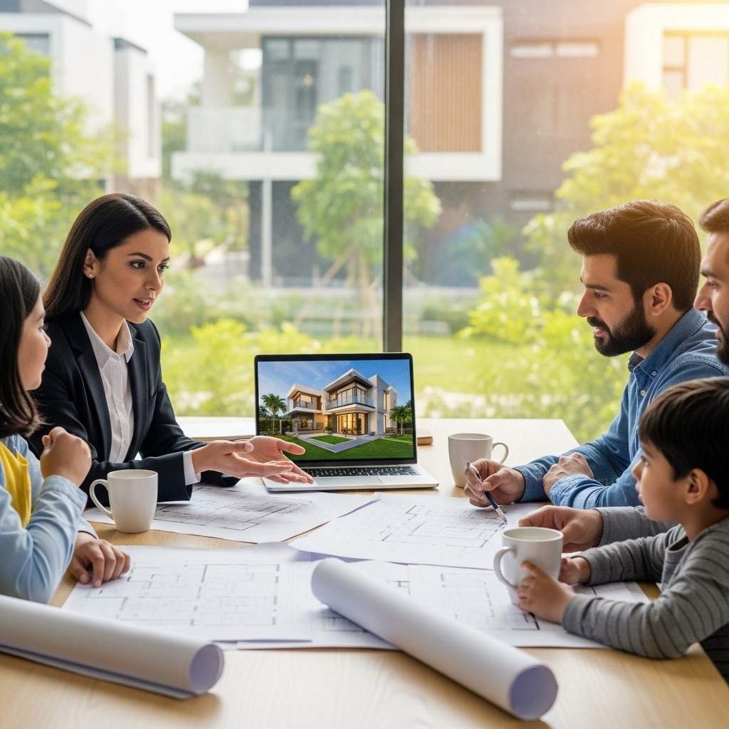 Architect-discussing-custom-home-design-plans-with-clients-in-Park-View-City-Islamabad.