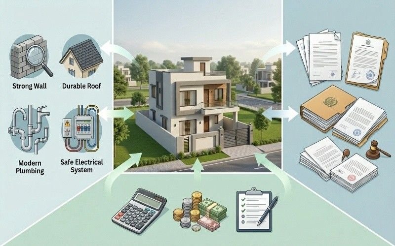 5 Marla house Bahria Orchard construction process showing structure, electrical, plumbing, cost estimation, and documentation steps.