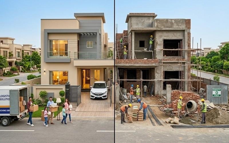 5 Marla house Bahria Orchard showing modern completed home on one side and under-construction structure on the other side in a residential area.