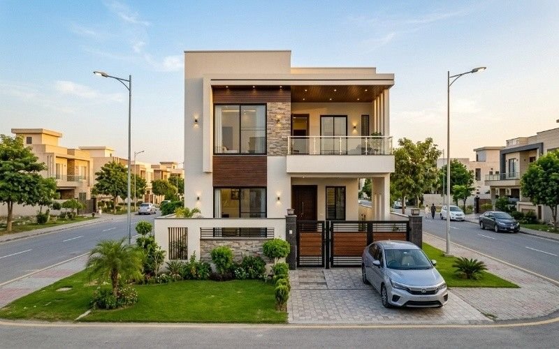 Modern 5 Marla house in Bahria Orchard with stylish exterior, landscaped garden, and contemporary design.
