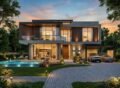 Modern luxury house exterior with stylish lighting, glass windows, swimming pool, and car parking showcasing premium Architectural & Interior Services in Bahria Orchard Lahore.