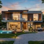 Modern luxury house exterior with stylish lighting, glass windows, swimming pool, and car parking showcasing premium Architectural & Interior Services in Bahria Orchard Lahore.