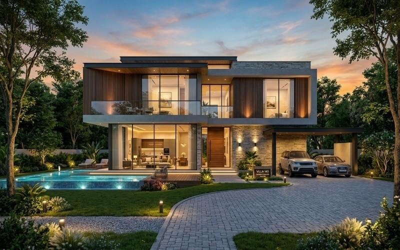 Modern luxury house exterior with stylish lighting, glass windows, swimming pool, and car parking showcasing premium Architectural & Interior Services in Bahria Orchard Lahore.