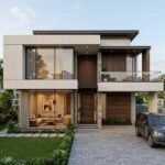 Modern luxury house design showing Architectural & Interior Design in Bahria Town Lahore with stylish exterior, glass windows, and elegant landscaping.
