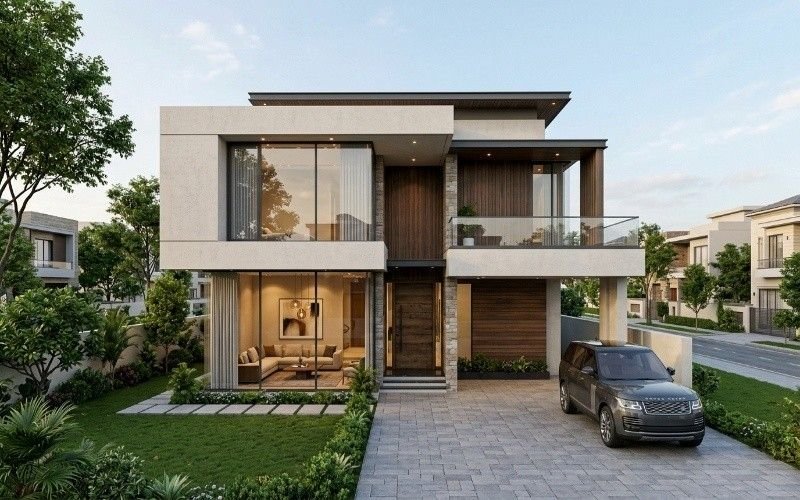 Modern luxury house design showing Architectural & Interior Design in Bahria Town Lahore with stylish exterior, glass windows, and elegant landscaping.