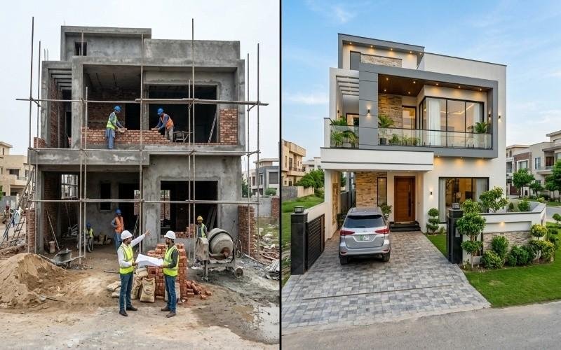 Modern luxury house in Bahria Town Lahore with a happy family standing outside, representing professional Construction Services in Bahria Town Lahore and high-quality residential living.