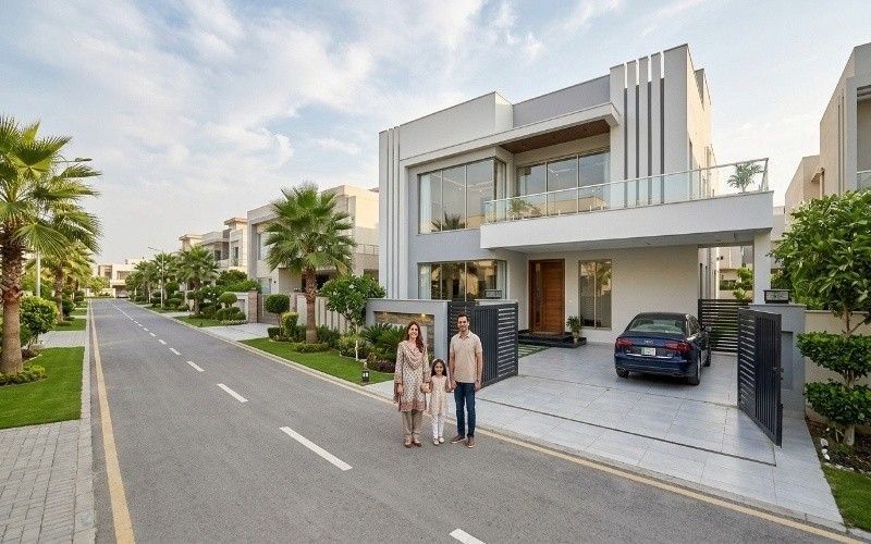 Modern luxury house in Bahria Town Lahore with a happy family standing outside, representing professional Construction Services in Bahria Town Lahore and high-quality residential living.