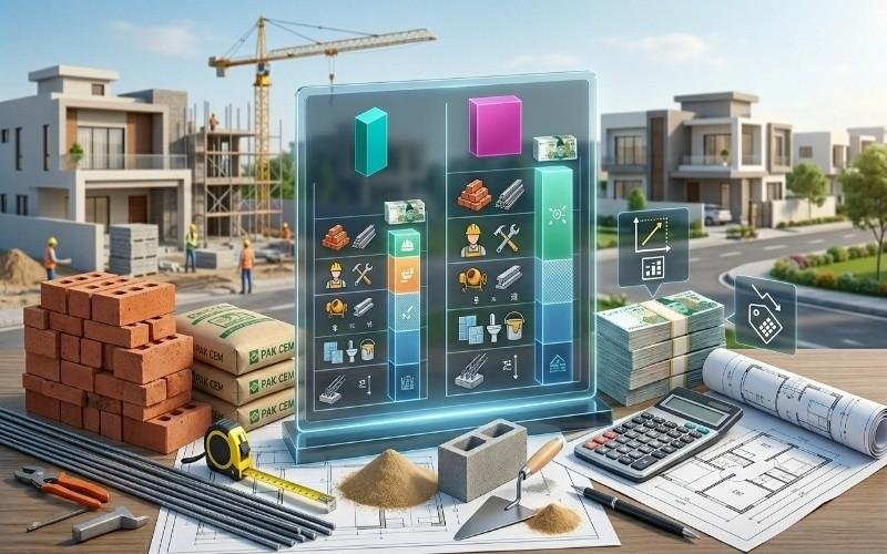 Construction cost planning and material estimation concept for Grey Structure Construction in Bahria Orchard Lahore with bricks, cement, steel rods, calculator, and digital budgeting display.