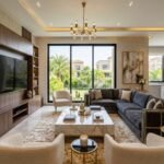 Luxury modern living room interior design with stylish furniture setup showcasing Furniture Solutions in Bahria Town Lahore, featuring sofa set, wooden wall unit, and elegant décor in a bright contemporary home.