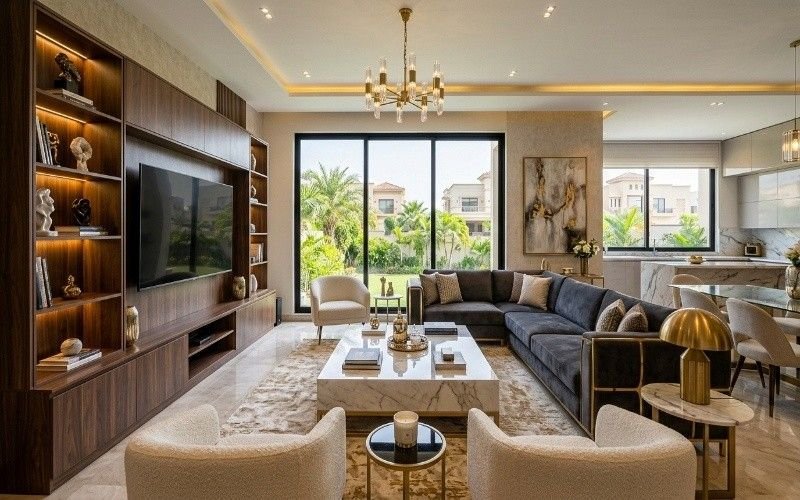 Luxury modern living room interior design with stylish furniture setup showcasing Furniture Solutions in Bahria Town Lahore, featuring sofa set, wooden wall unit, and elegant décor in a bright contemporary home.
