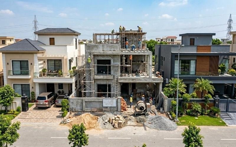 Modern double-story house under construction with workers on site showing Grey Structure Construction in Bahria Orchard Lahore surrounded by completed luxury homes.