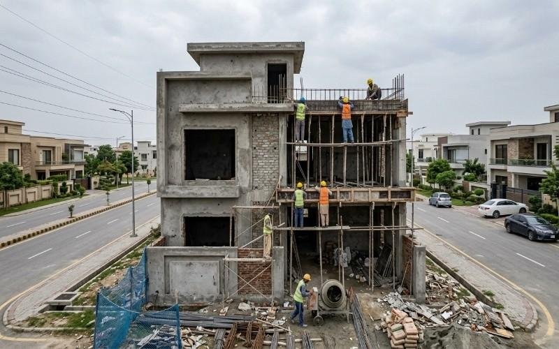 Grey Structure Construction in Bahria Town Lahore showing a multi-story house under construction with workers building columns and slabs on a residential plot.