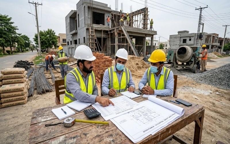 Engineers and construction workers discussing building plans during Grey Structure Construction in Bahria Town Lahore at an active residential construction site.