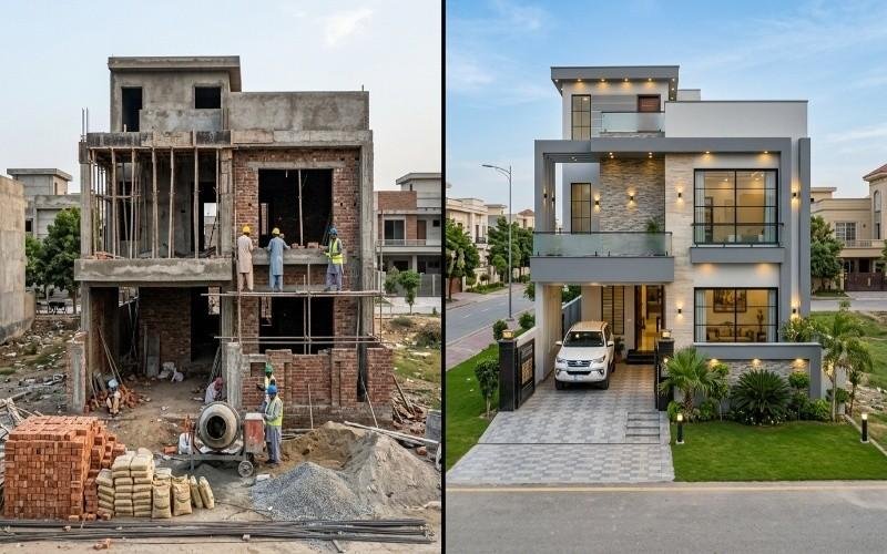 Before and after comparison of a modern house showing Grey Structure Construction in Bahria Town Lahore and the completed luxury home exterior design.