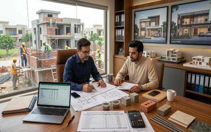 House construction cost planning in Bahria Town Lahore with architect, client, blueprints, and ongoing residential construction site