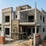 House construction site in Bahria Orchard Lahore showing a modern grey structure building under development with workers applying finishing work, scaffolding, bricks, and cement materials around the site, representing ongoing House Construction in Bahria Orchard Lahore.