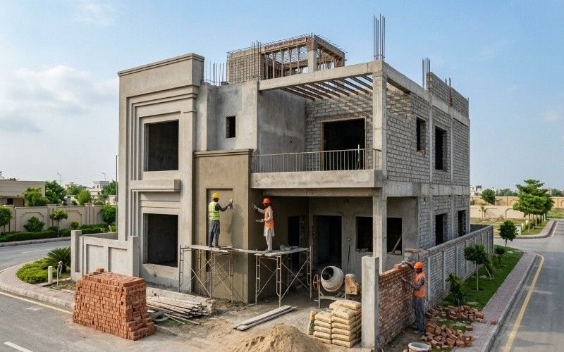 House construction site in Bahria Orchard Lahore showing a modern grey structure building under development with workers applying finishing work, scaffolding, bricks, and cement materials around the site, representing ongoing House Construction in Bahria Orchard Lahore.