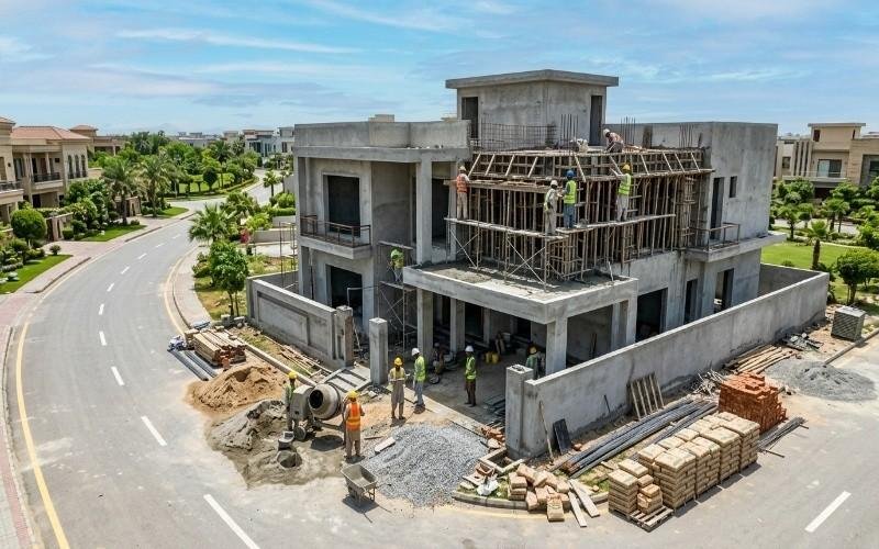 Modern grey structure house construction in Bahria Town Lahore with workers, scaffolding, and construction materials at a residential site