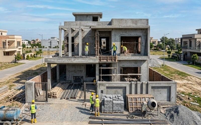 Modern double-story home under construction in a residential area, showing workers, scaffolding, and building materials during a House Construction in Lake City Lahore project.