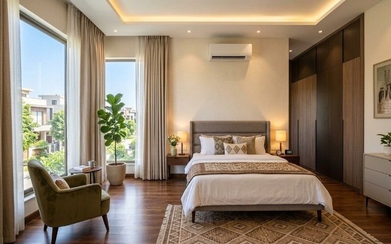 Modern luxury bedroom interior with wooden flooring, large windows, elegant furniture, and soft lighting designed through Architectural & Interior Services in Bahria Orchard Lahore.