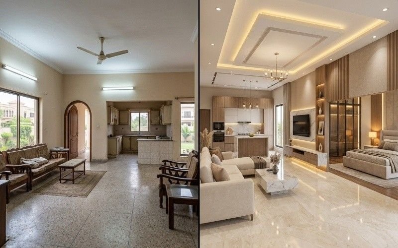 Split view of Architectural & Interior Design in Bahria Town Lahore showing a simple old living room and kitchen on one side and a modern luxury renovated interior design on the other side.