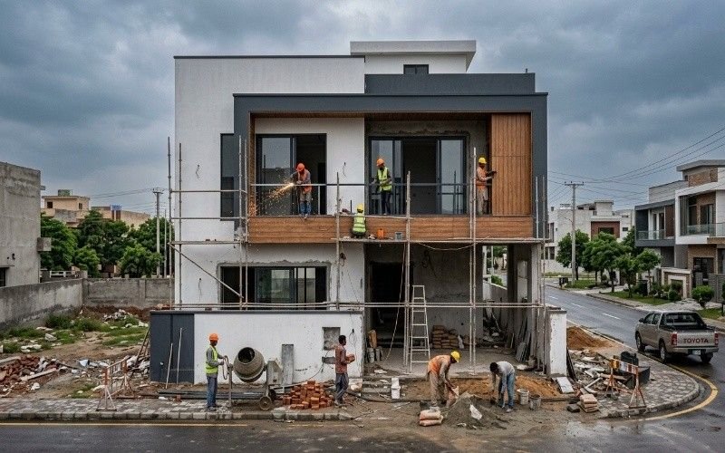 Construction Services in Bahria Town Lahore showing a modern house under construction with workers installing exterior finishes, scaffolding, and contemporary architectural design in progress.