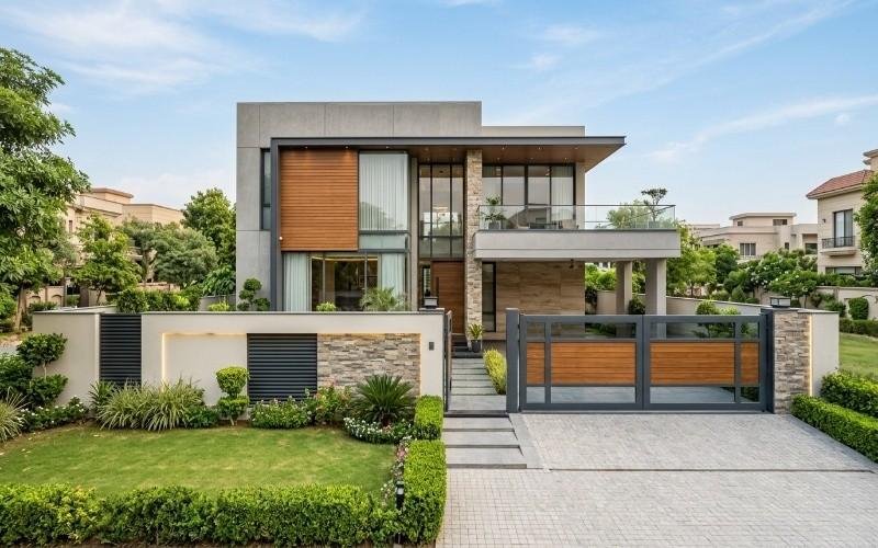 Modern luxury house exterior with stylish architecture and greenery showing House Construction in Bahria Orchard Lahore in a premium residential area.