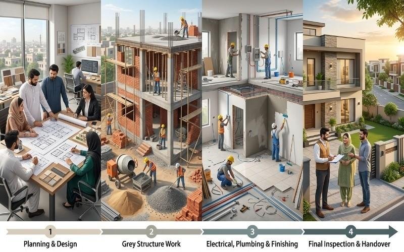 Step-by-step illustration of a modern home building process, including planning, grey structure work, electrical installation, finishing, and handover during a House Construction in Lake City Lahore project.