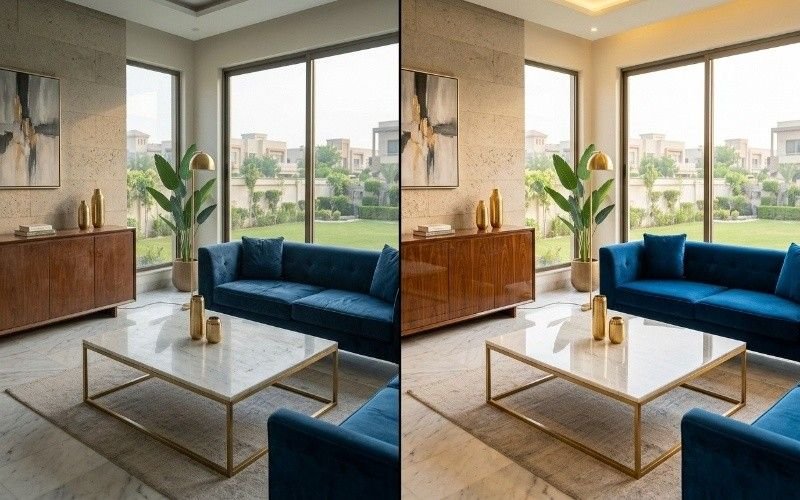 Modern luxury living room interior design showcasing Furniture Solutions in Bahria Town Lahore with stylish blue sofas, wooden cabinet, marble coffee table, and large glass windows.