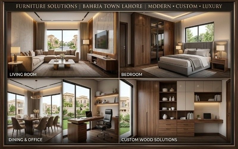 Luxury home interior showcase featuring living room, bedroom, dining area, office space, and custom wood cabinets highlighting Furniture Solutions in Bahria Town Lahore with modern and elegant design concepts.