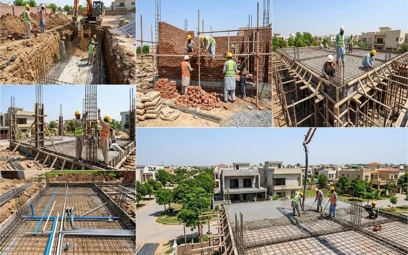 Collage showing multiple stages of Grey Structure Construction in Bahria Town Lahore, including foundation work, brick masonry, roofing, and concrete slab construction.