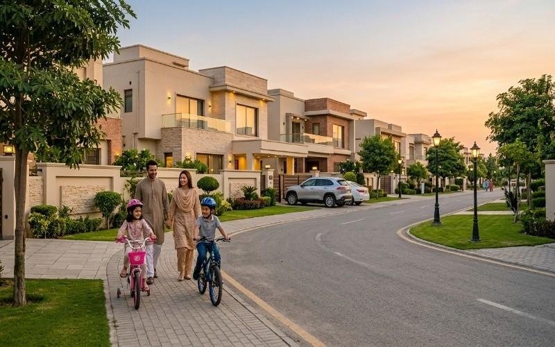 Modern family walking and cycling in a beautiful residential area showing House Construction in Bahria Orchard Lahore with luxury houses, green surroundings, and a peaceful community street at sunset.