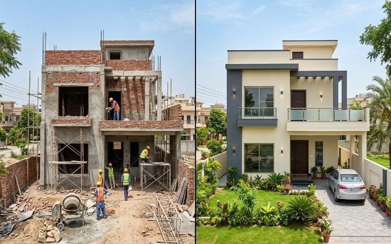 Before and after view of a modern house showing Grey Structure Construction in Bahria Orchard Lahore from raw brick structure to fully completed luxury home.