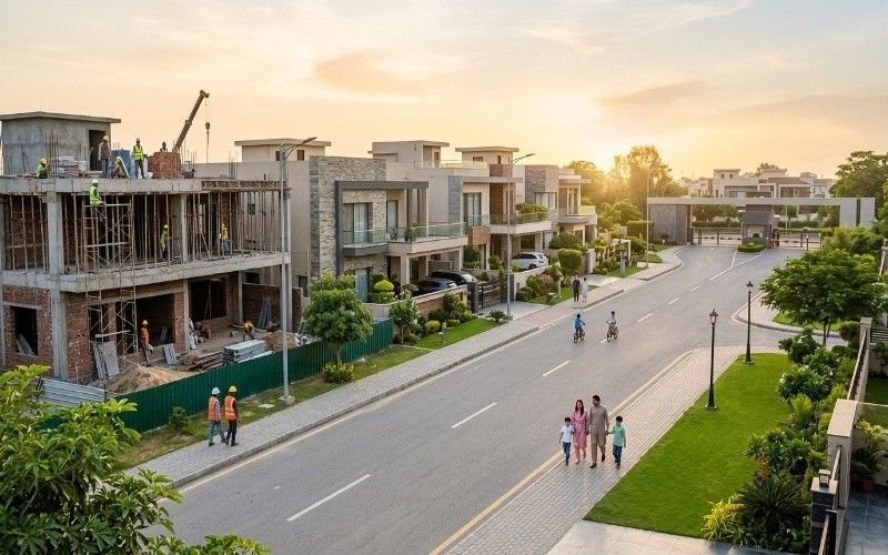 Luxury houses and a modern home construction site in a gated community during sunset, highlighting ongoing House Construction in Lake City Lahore.