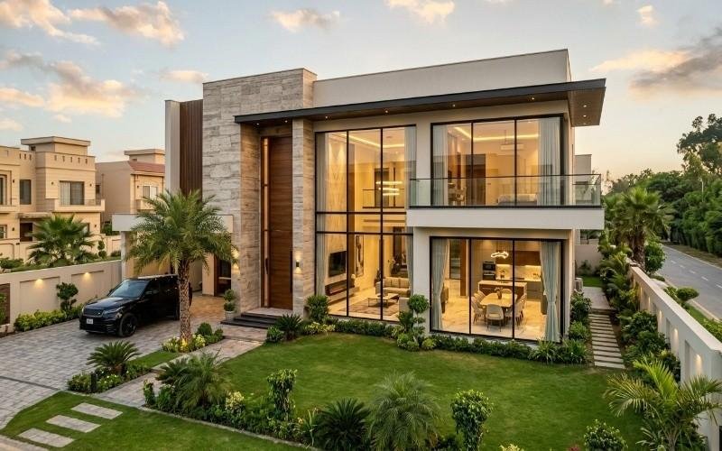 Modern luxury house exterior with glass facade and garden view representing Architectural & Interior Design in Bahria Town Lahore.