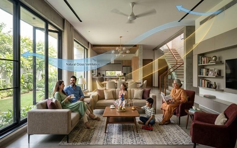 Modern family living room with large glass windows, natural cross ventilation, elegant furniture, and open interior layout designed through Architectural & Interior Services in Bahria Orchard Lahore.