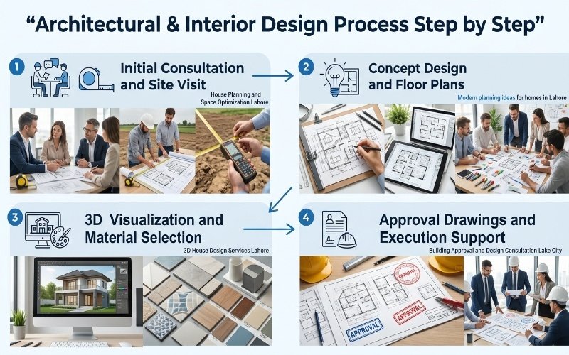 Step-by-step Architectural & Interior Design in Lake City Lahore process, including consultation, concept planning, 3D visualization, material selection, and project execution.
